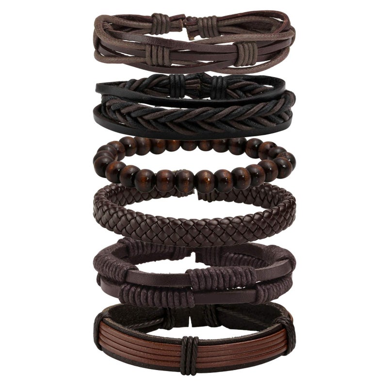 MILAKOO 6 Pcs Brown Braided Leather Bracelets for Men Women Cuff Wrap Wristbands - Image 1